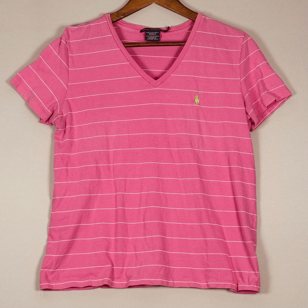 Ralph Lauren Sport V-Neck T-Shirt Womens XL Pink Striped Excellent Y2K Pony